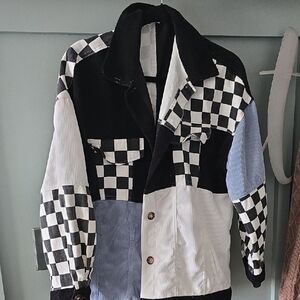 ADORA Black & White Checkerboard Patchwork Shirt Jacket with Light Blue Panels